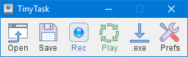 Horizontal control strip with record, play, save, compile, and settings buttons