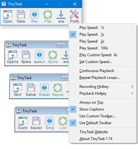 Application window displaying multilingual toolbar labels and language picker